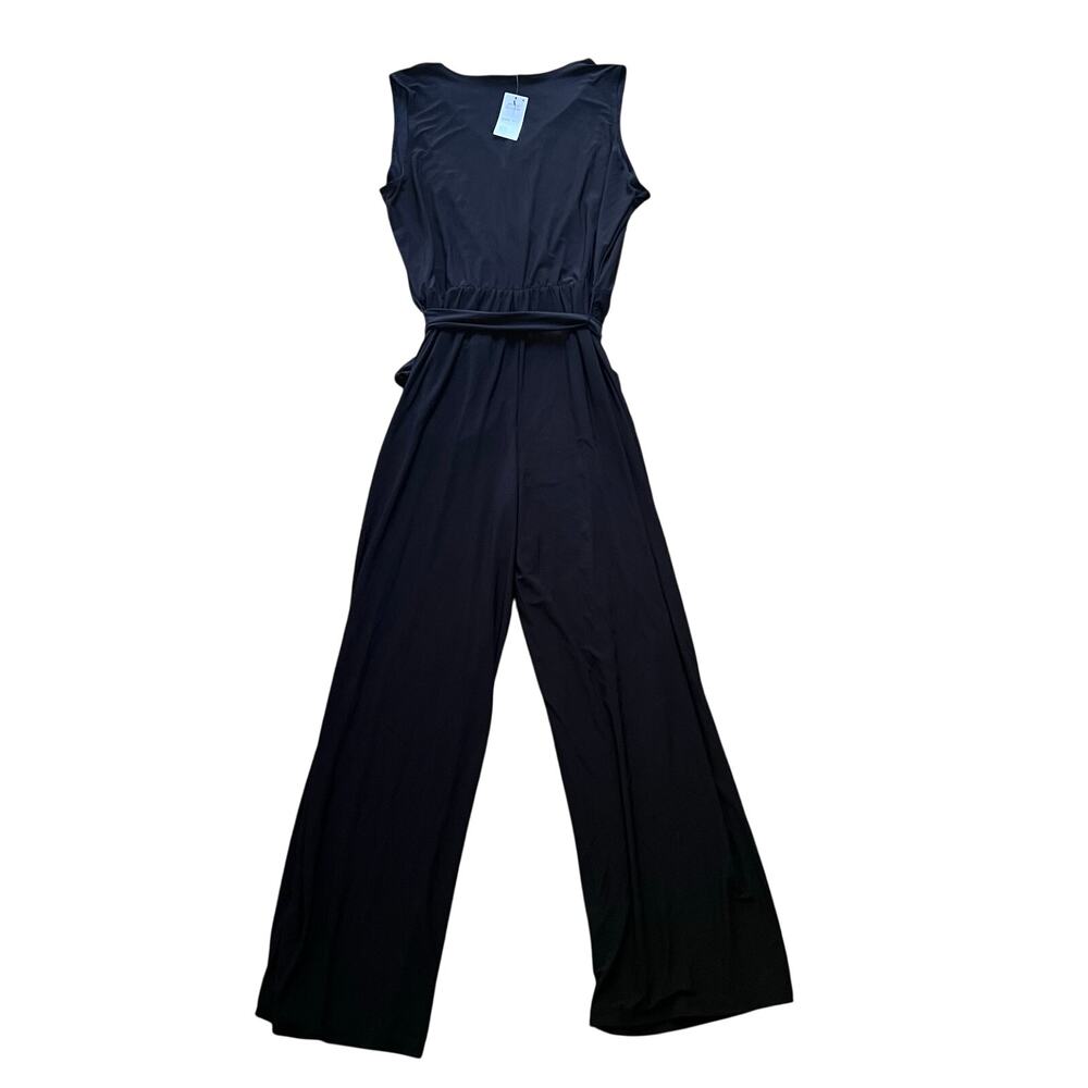 NY Collection Women’s Petite Surplice Belted Wide-Leg Jumpsuit black Petite XL - Picture 3 of 5